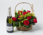 Cesta tradicional com 9 Rosas Vermelhas e Espumante